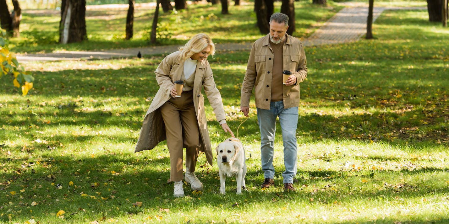 Two smiling people walking their dog in a beautiful park with trees and grass.