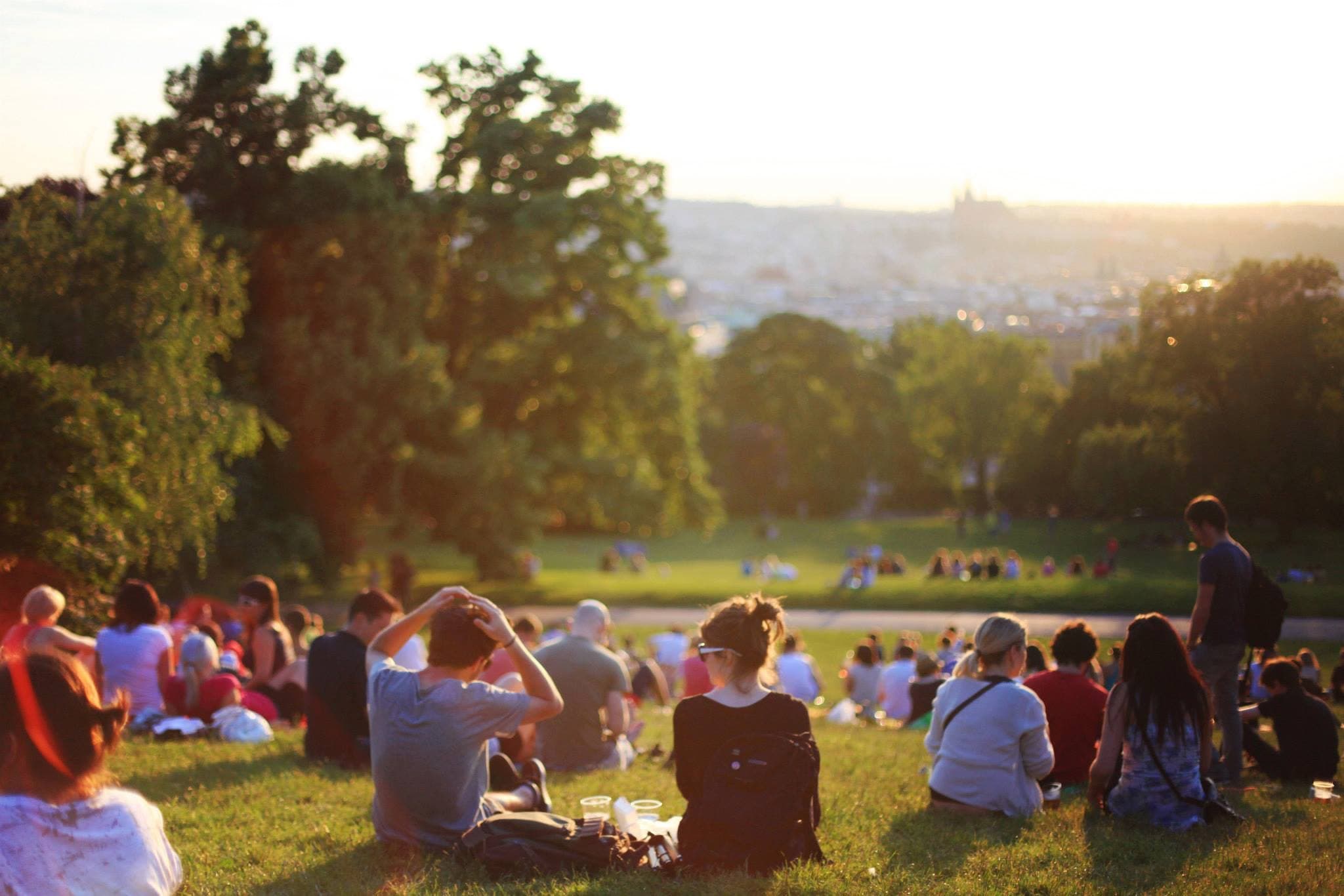 people gathered in a park sitting and enjoying the scenery